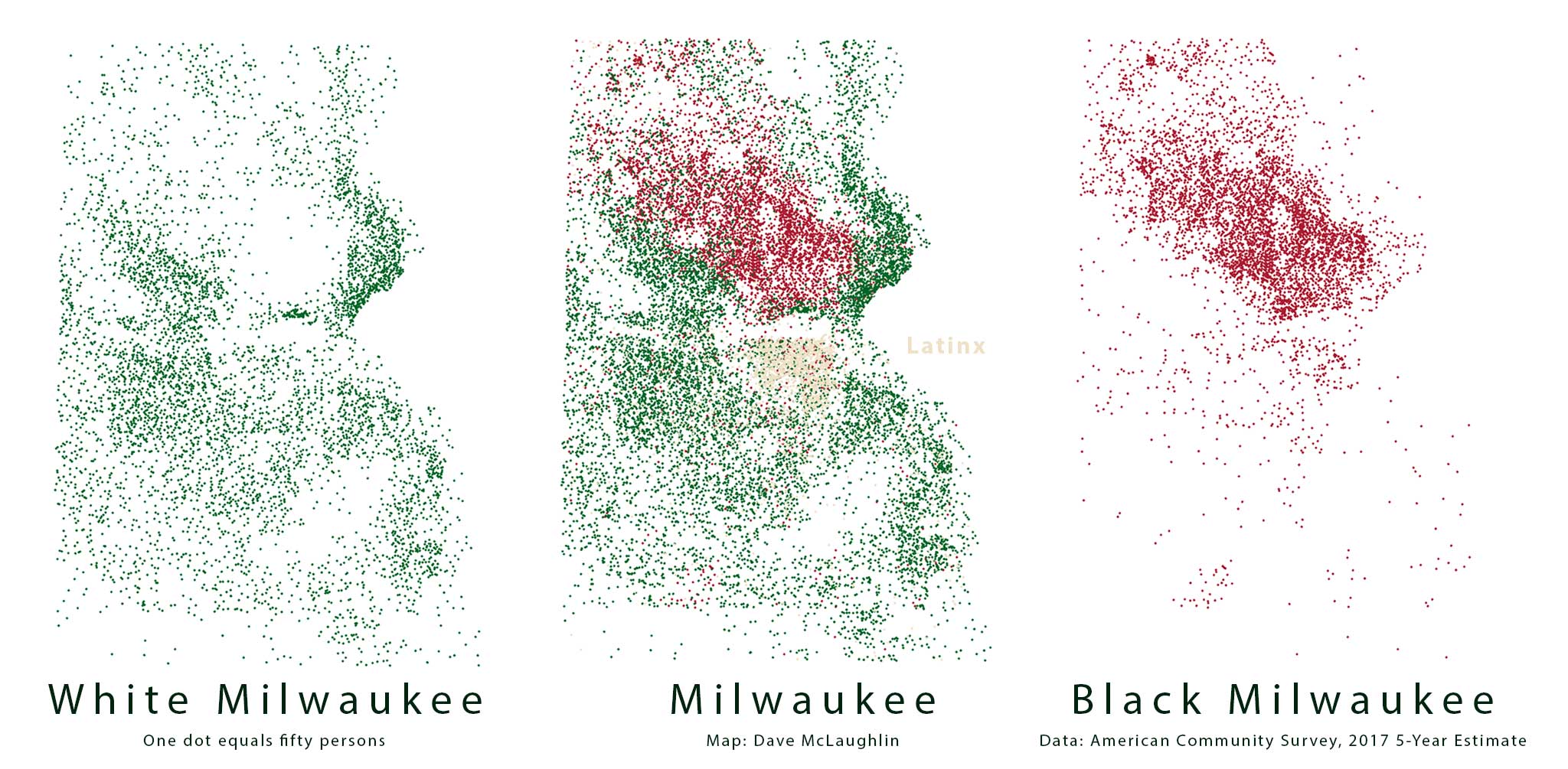 Three maps of Milwaukee, showing the white and black populations, as well as the three major racial groups together.