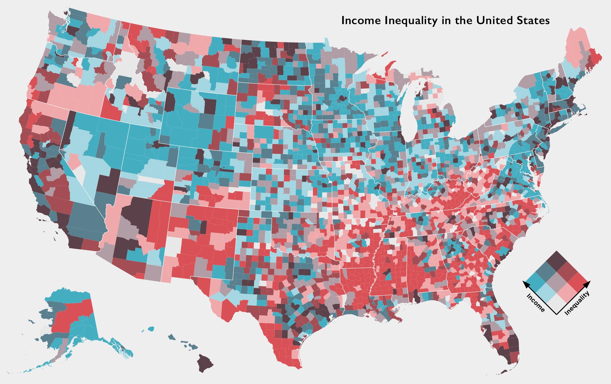 Bivariate choropleth map showing levels of income and income inequality in the United States, by county.