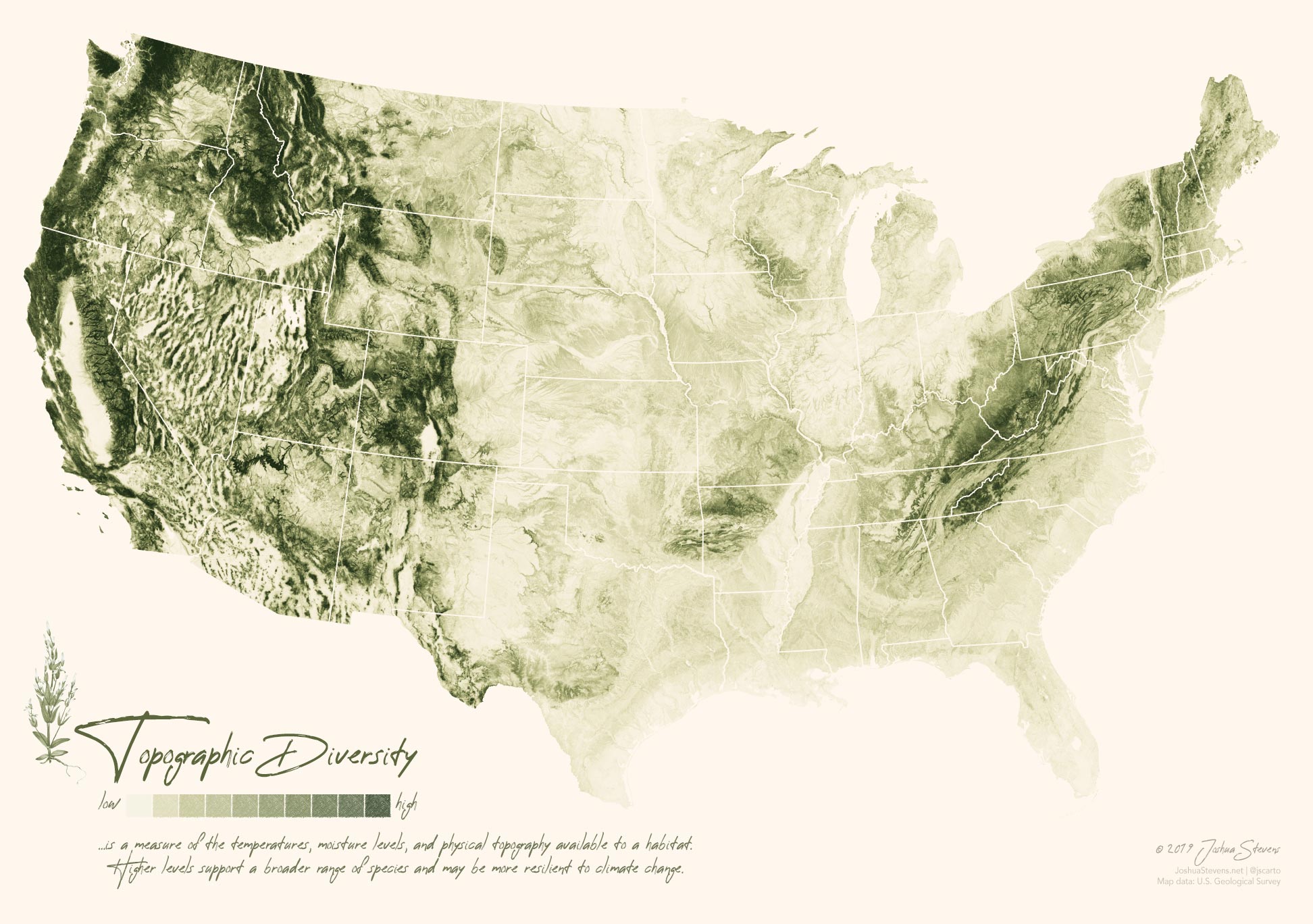 Map by Joshua Stevens of topographic diversity in the contiguous United States.
