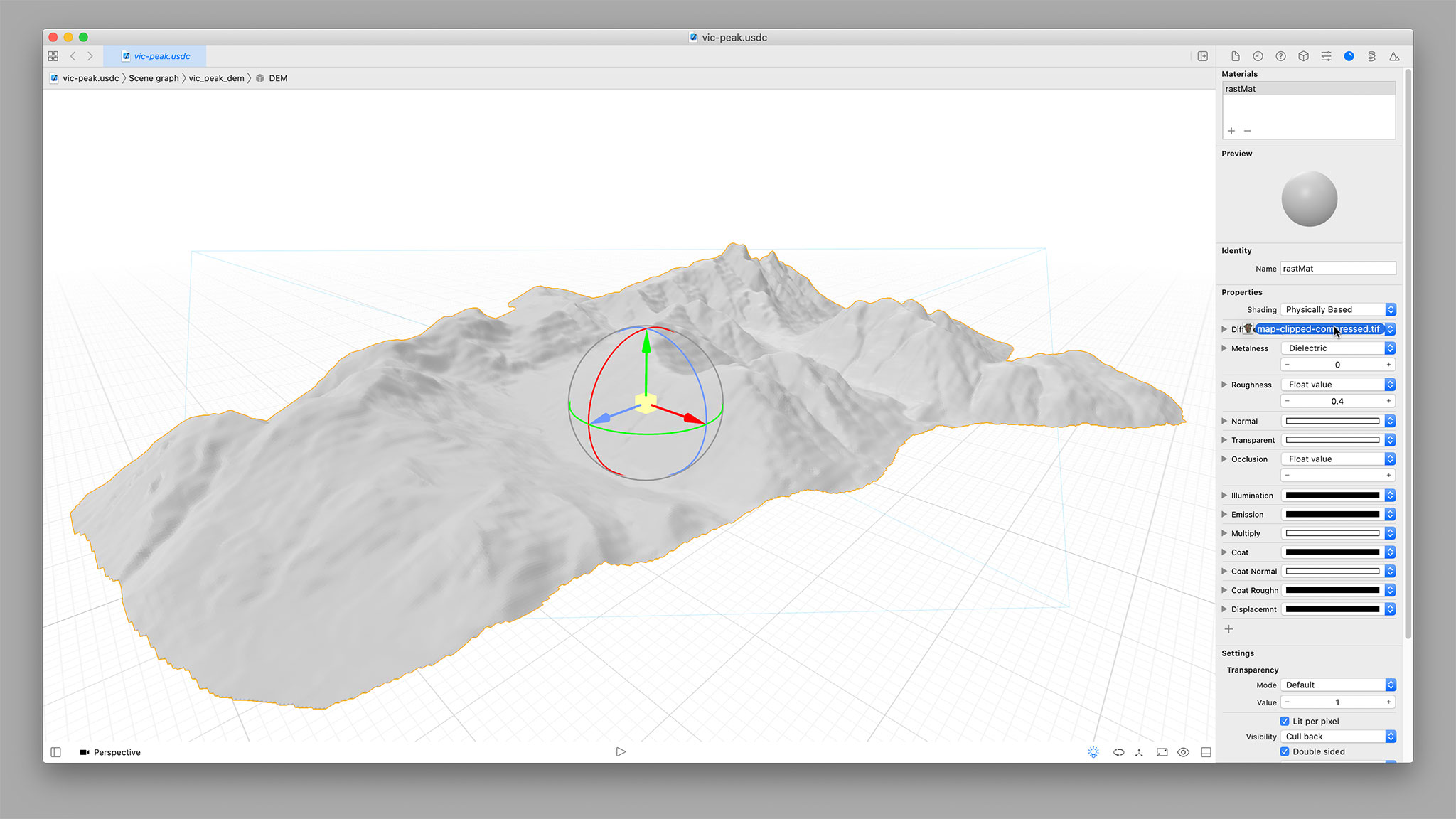 Dragging the optimized map TIFF onto the model as its material in Xcode