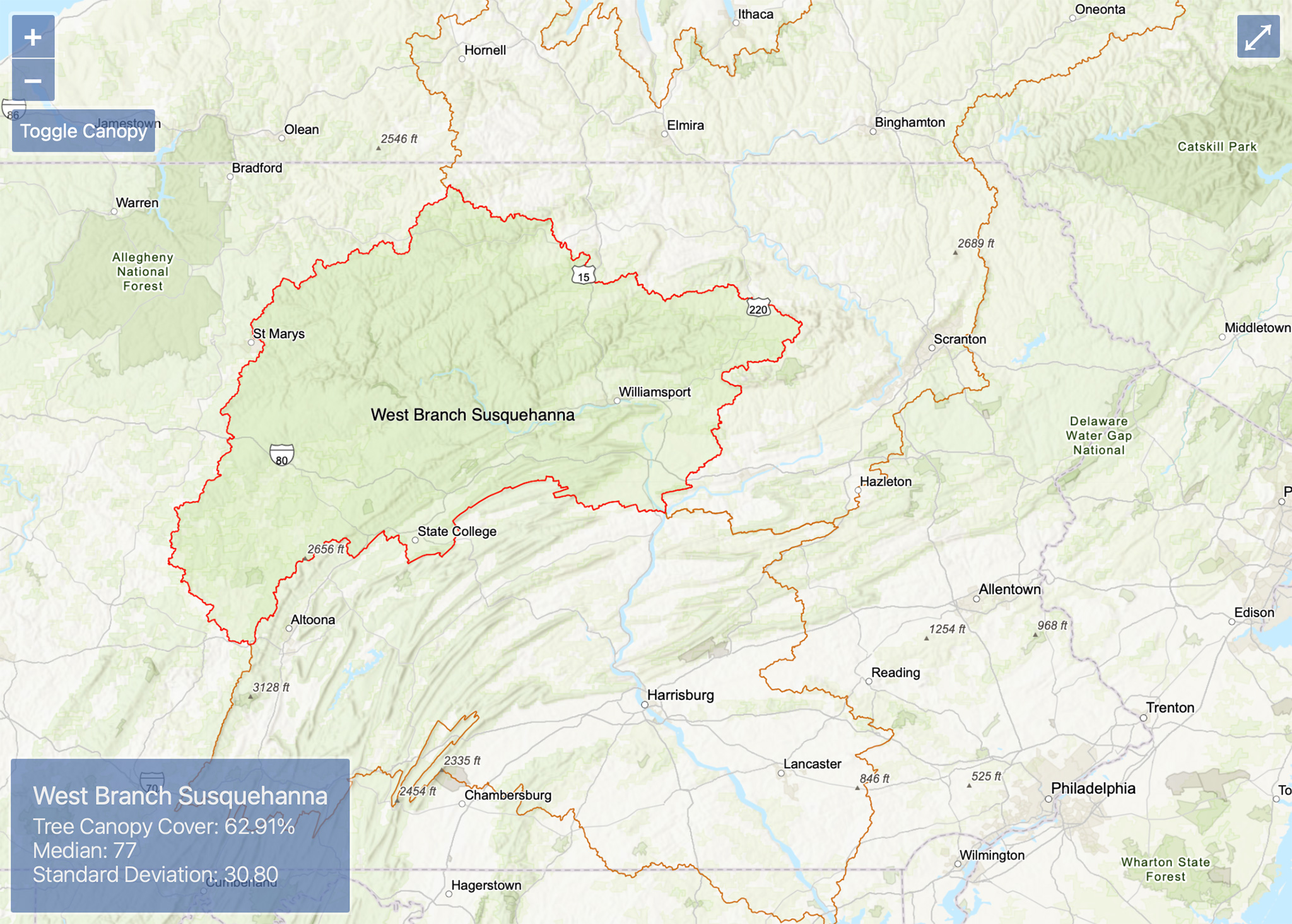 Screenshot of an interactive map of the Susquehanna Watershed.